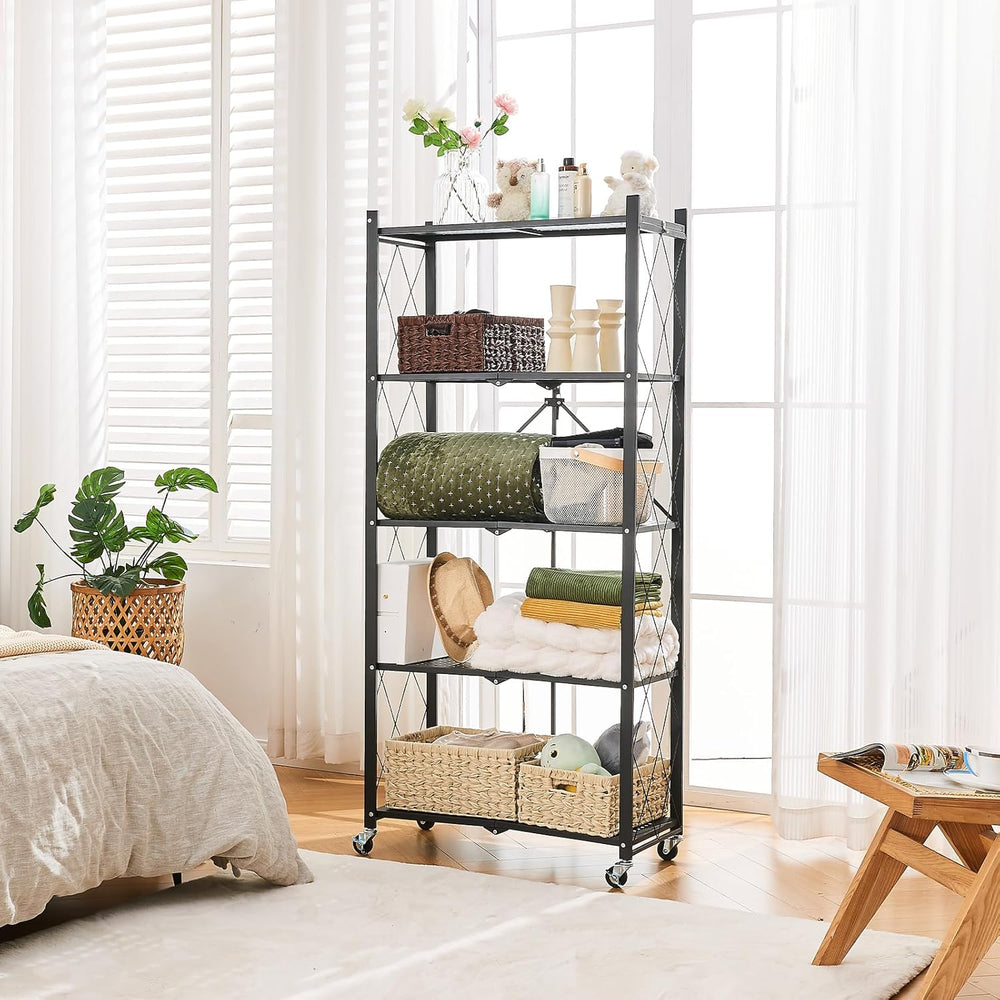 BRIAN & DANY 5-Tier Foldable Storage Shelves with Wheels, Folding Metal R...