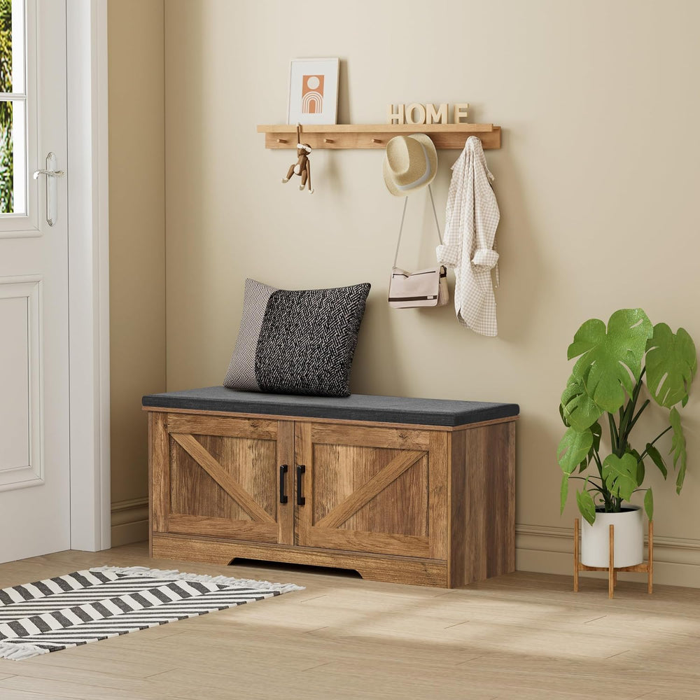 HOMSHO Farmhouse Shoe Storage Bench with 2 Barn Doors & Padded Seat Cushion