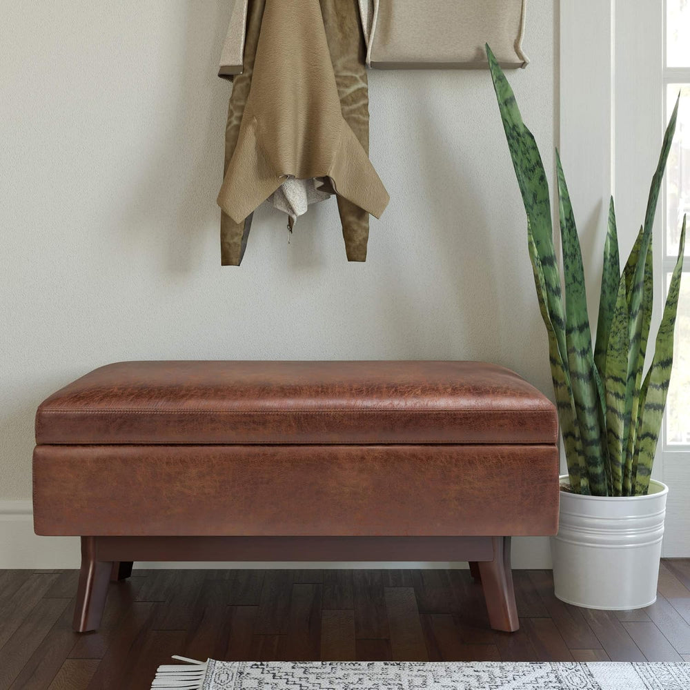 SIMPLIHOME Owen 36" Wide Vegan Leather Lift Top Ottoman in Saddle Brown
