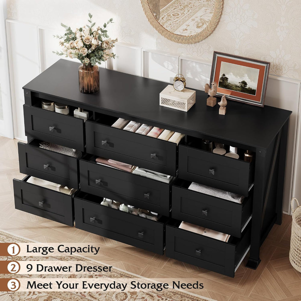 WLIVE 9 Drawer Dresser Black, 62" Wide Wooden Chest with Anti-Tip Structure