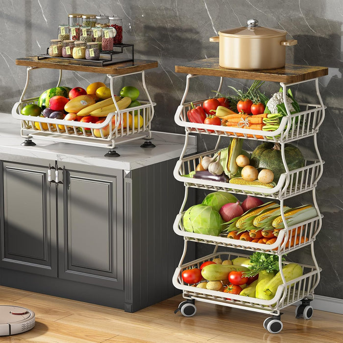 SAYZH 5-Tier Fruit and Vegetable Basket Stand for Kitchen, Wood Top, White