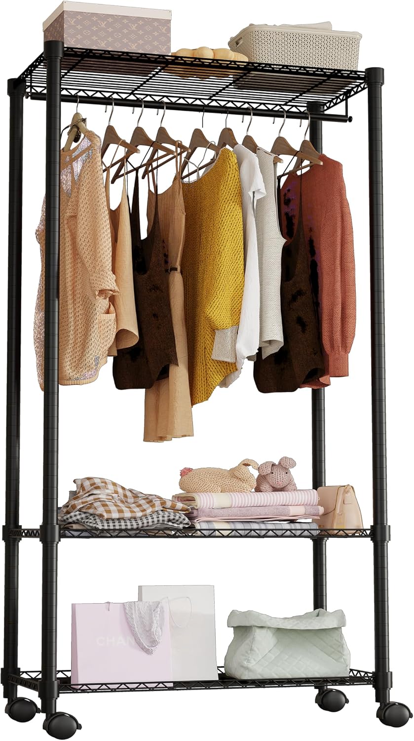 Moogiitools Heavy Duty Rolling Garment Rack 3 Tiers Adjustable with 25mm thic...