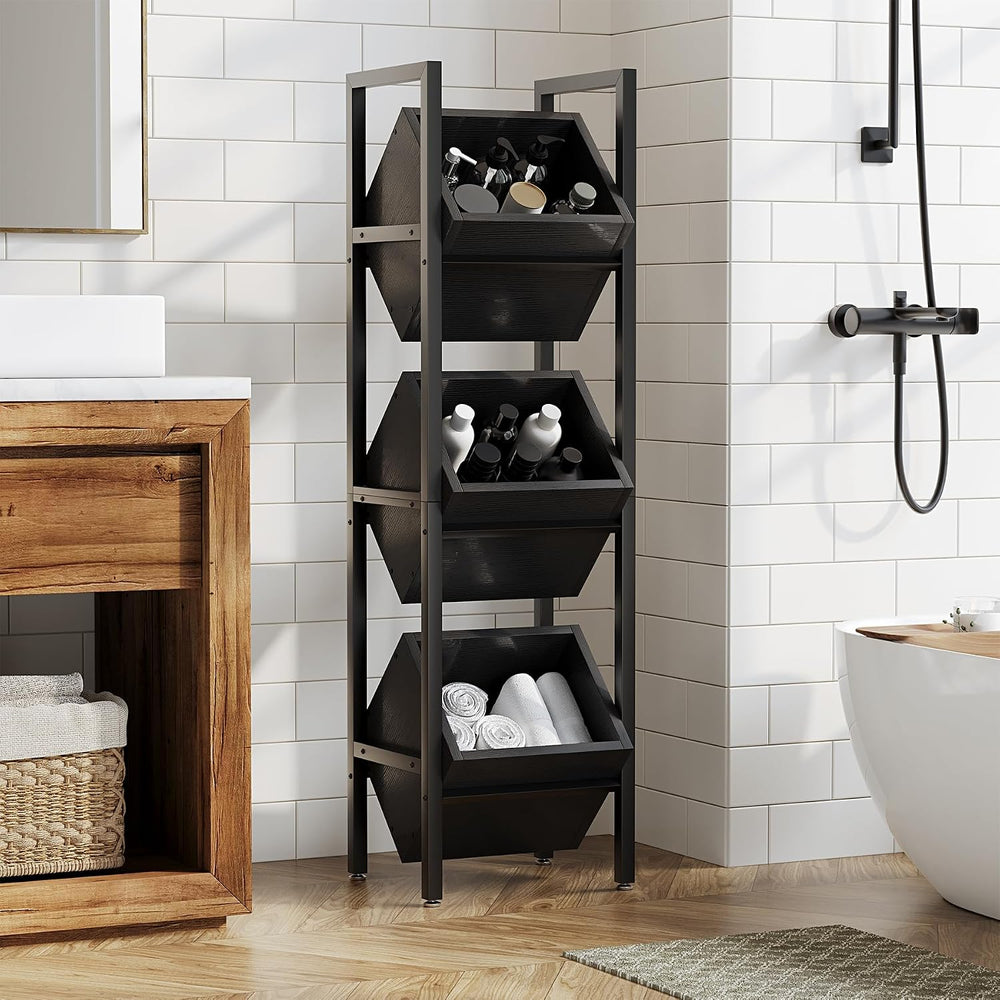 LITTLE TREE 3-Tier Basket Stand, Wooden Floor Stand Shelving Unit, Rustic Sta...