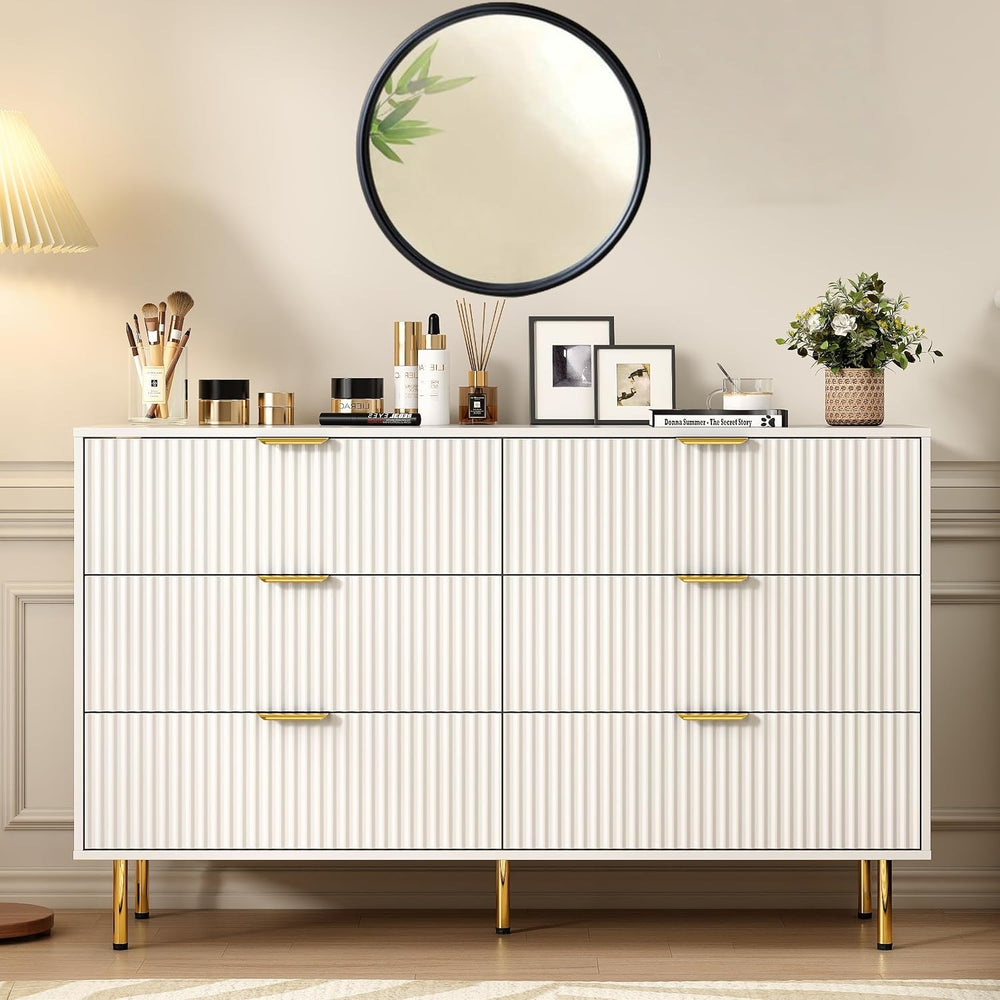 56" Wide Modern White Fluted 6 Drawers Dresser for Bedroom with Gold Handle