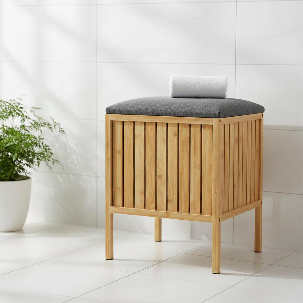 Relaxdays Bamboo Laundry Hamper with Padded Seat, Storage, Bathroom Stool, 52...