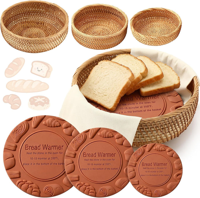 9 Pcs/3 Sets Bread Warmer Baskets with Stones and Towel for Food