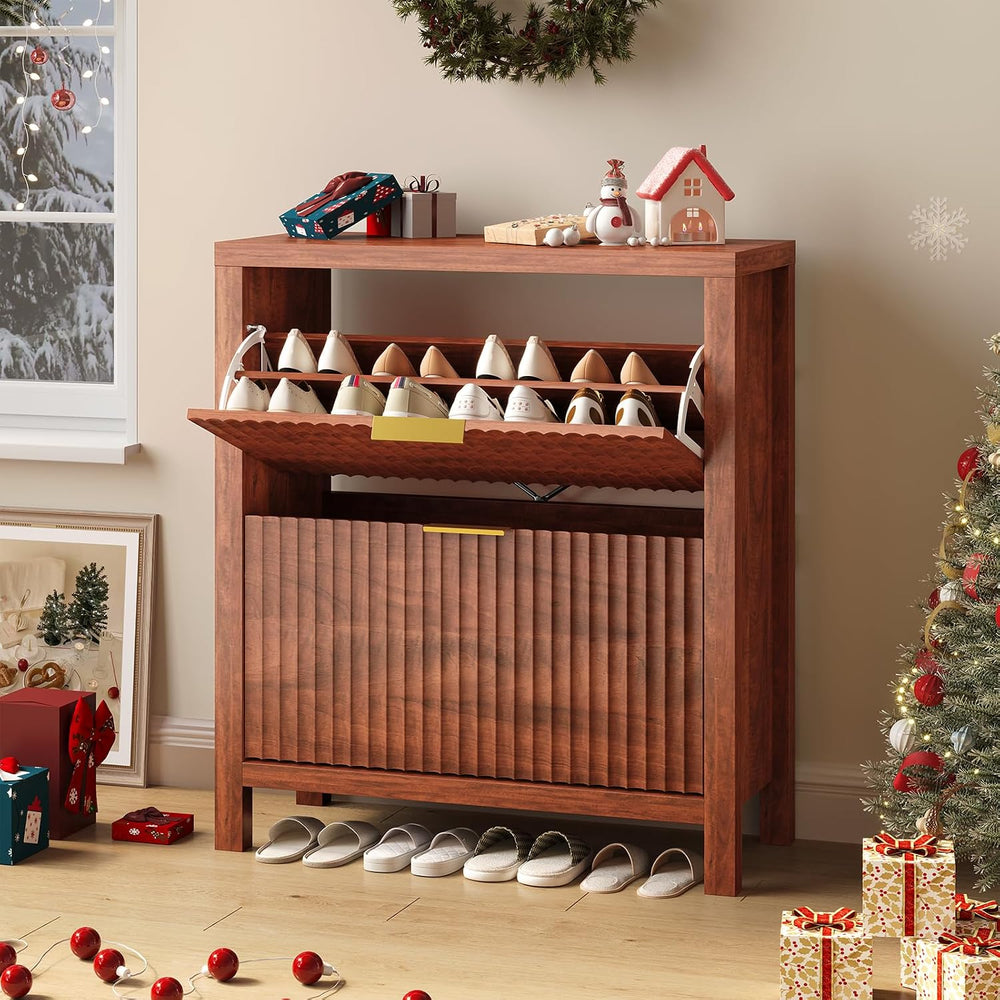 Fluted Shoe Cabinet Storage with 2 Flip Drawers for Entryway, Hallway
