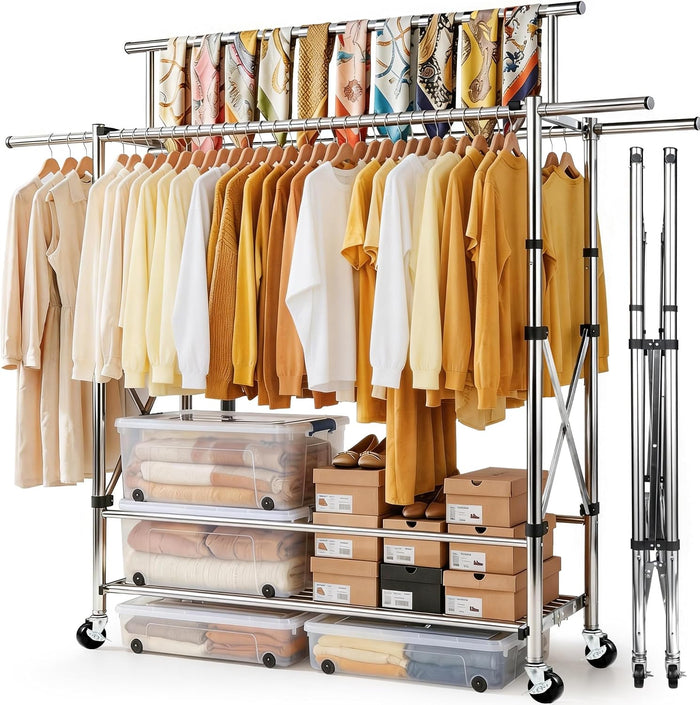 Foldable Heavy Duty Clothes Rack for Hanging Clothes, 71 Inch 3-Rods