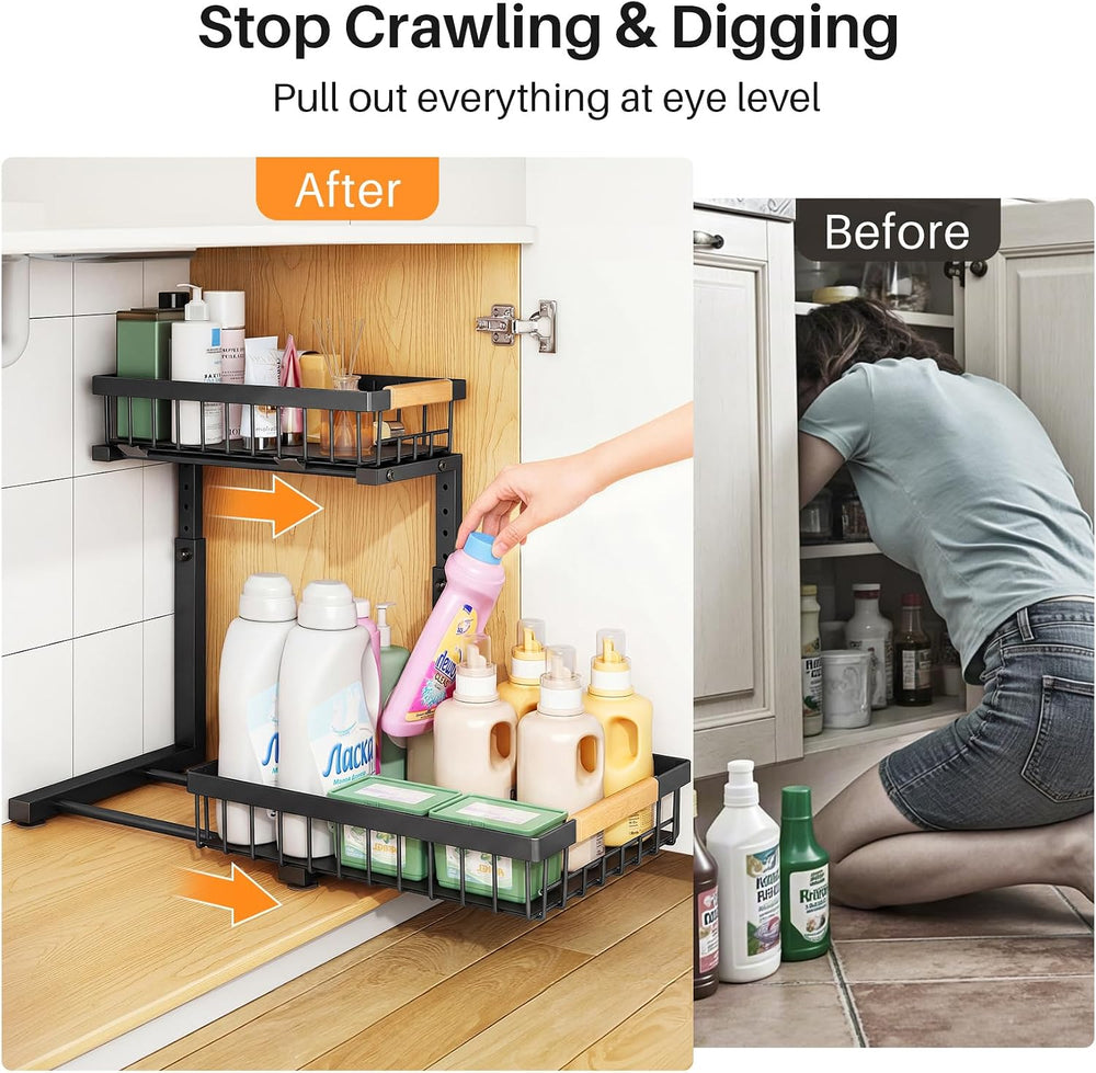PXRACK Under Sink Organizer, Adjustable Height, 2 Tier Pull Out Under Cabinet...