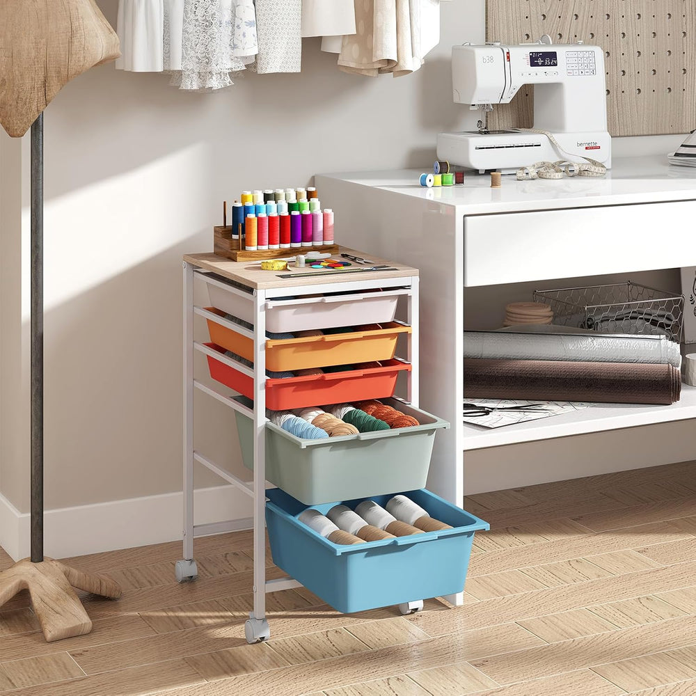Giantex Rolling Storage Cart with 5 Drawers, Utility Cart w/Wooden Tabletop, ...