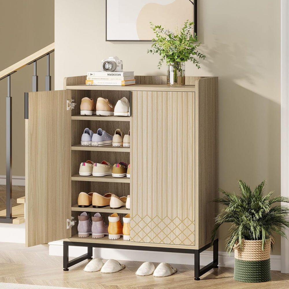 Tribesigns Shoe Cabinet with Doors,Natural 5 Tiers Shoe Storage Cabinet for E...