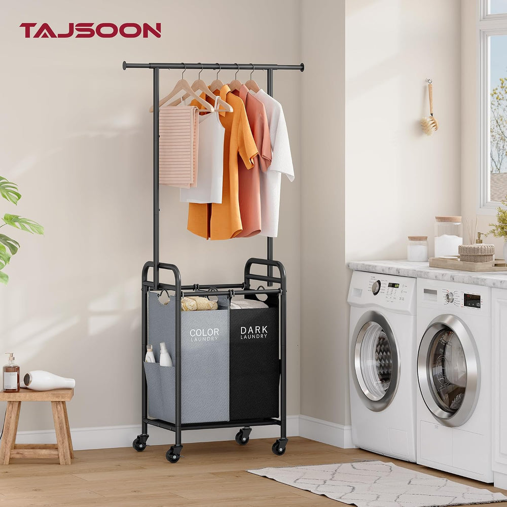 Tajsoon Laundry Sorter with Hanging Bar, 2 Bag laundry cart, Black & Gray