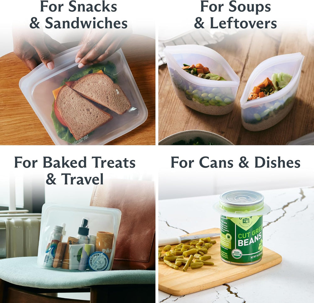 Stasher Reusable Silicone Bags and Stretch Lids, 10-Pack Starter Kit, Clear