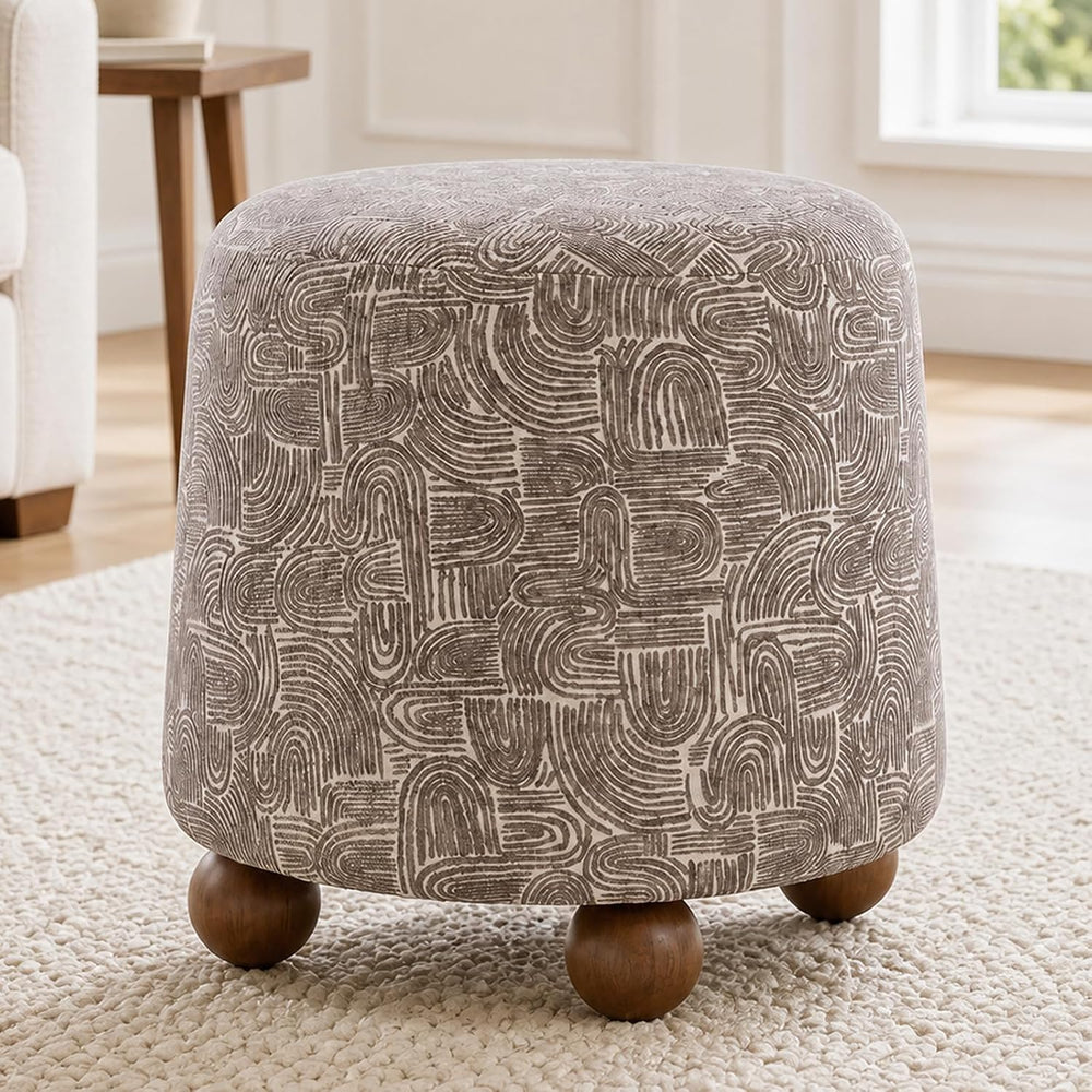 Hyfirm Round Ottoman for Living Room Boho Foot Stool with Rubberwood Legs