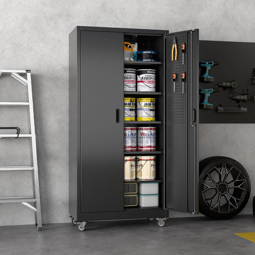 Reemoon Metal Storage Cabinet with Wheels and Pegboard, 71 in, Black