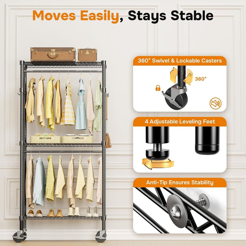 Simple Deluxe Rolling Clothes Rack, Heavy Duty Clothing Rack, 3-Shelf Portabl...