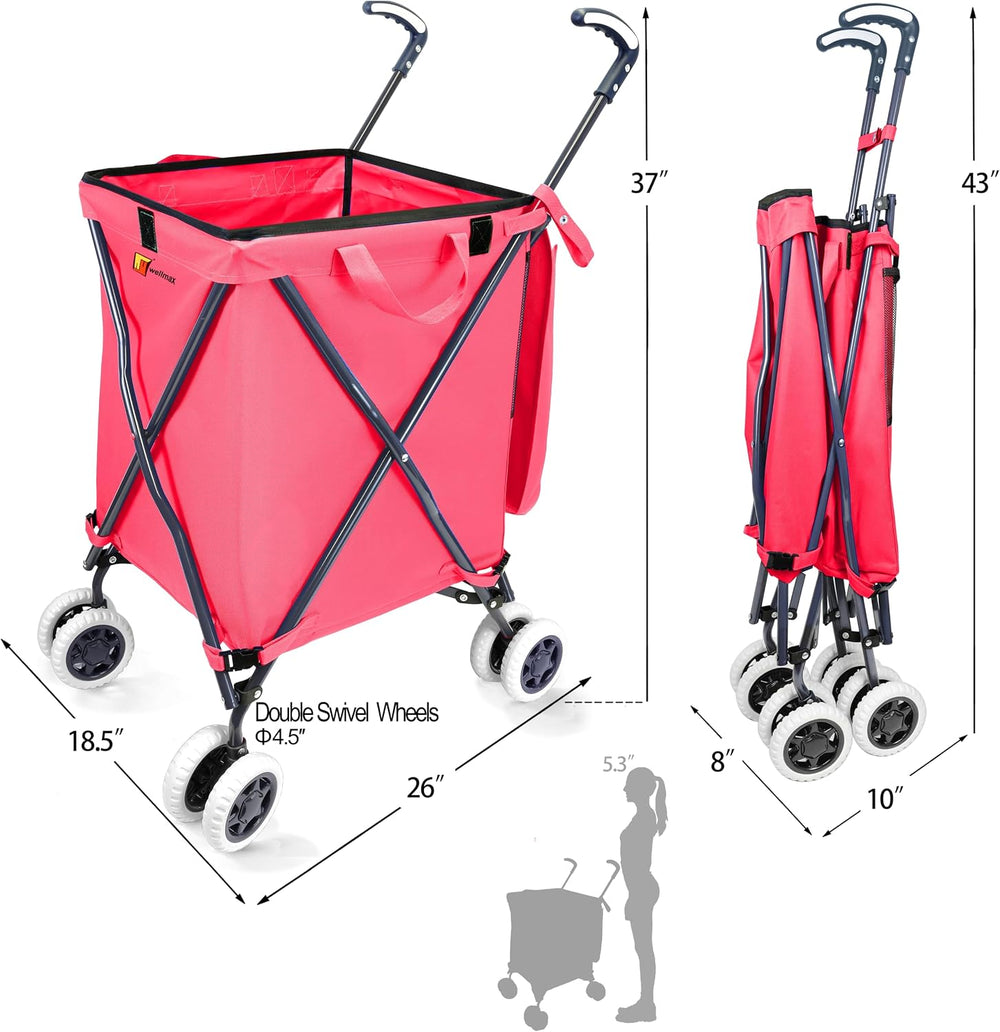 Wellmax Folding Shopping Cart with Canvas Bag & Cover, Holds 120 lb, Pink