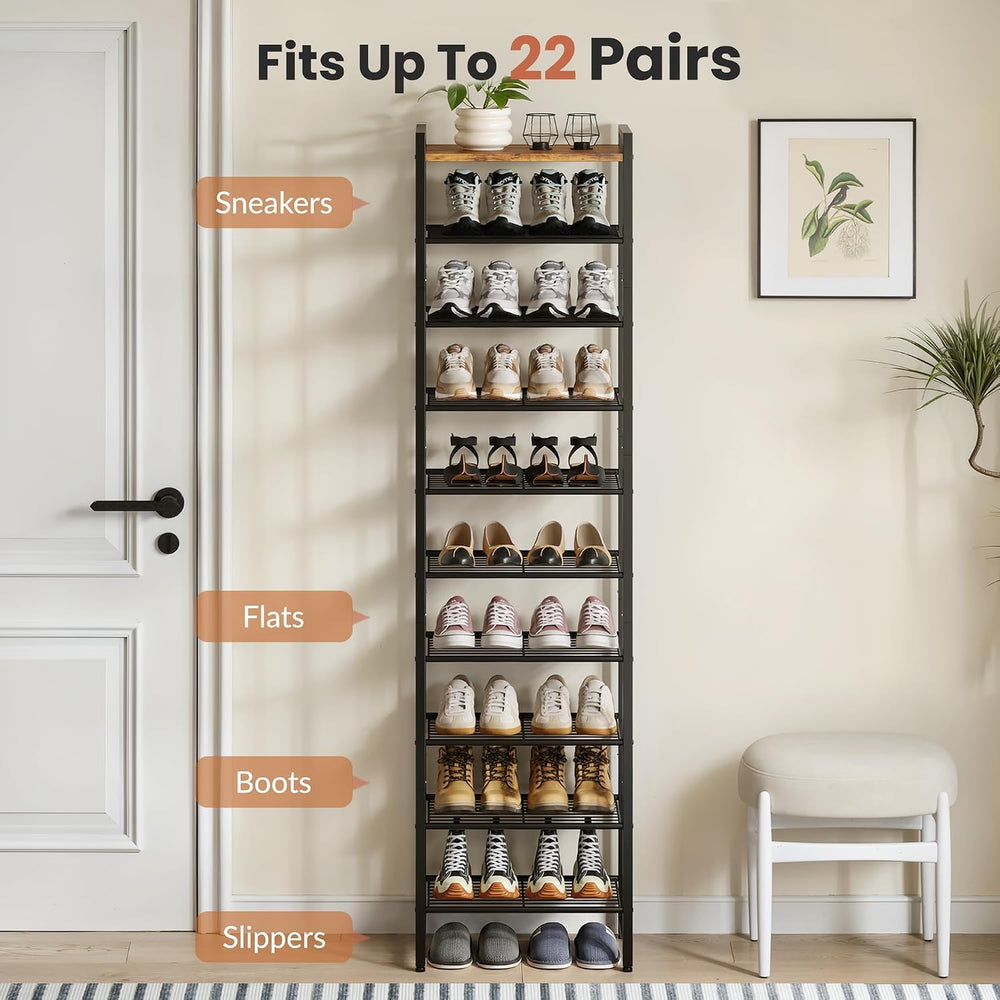 Narrow Shoe Rack 10-Tier, Tall Shoe Organizer for Small Spaces