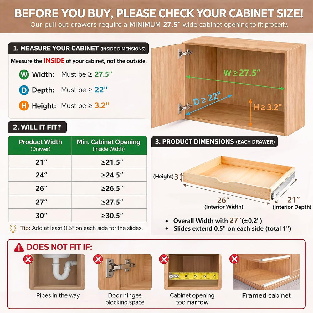 Menkxi 2 Set Wood Pull out Cabinet Organizer, Wood Color, 27'' X 21&#...