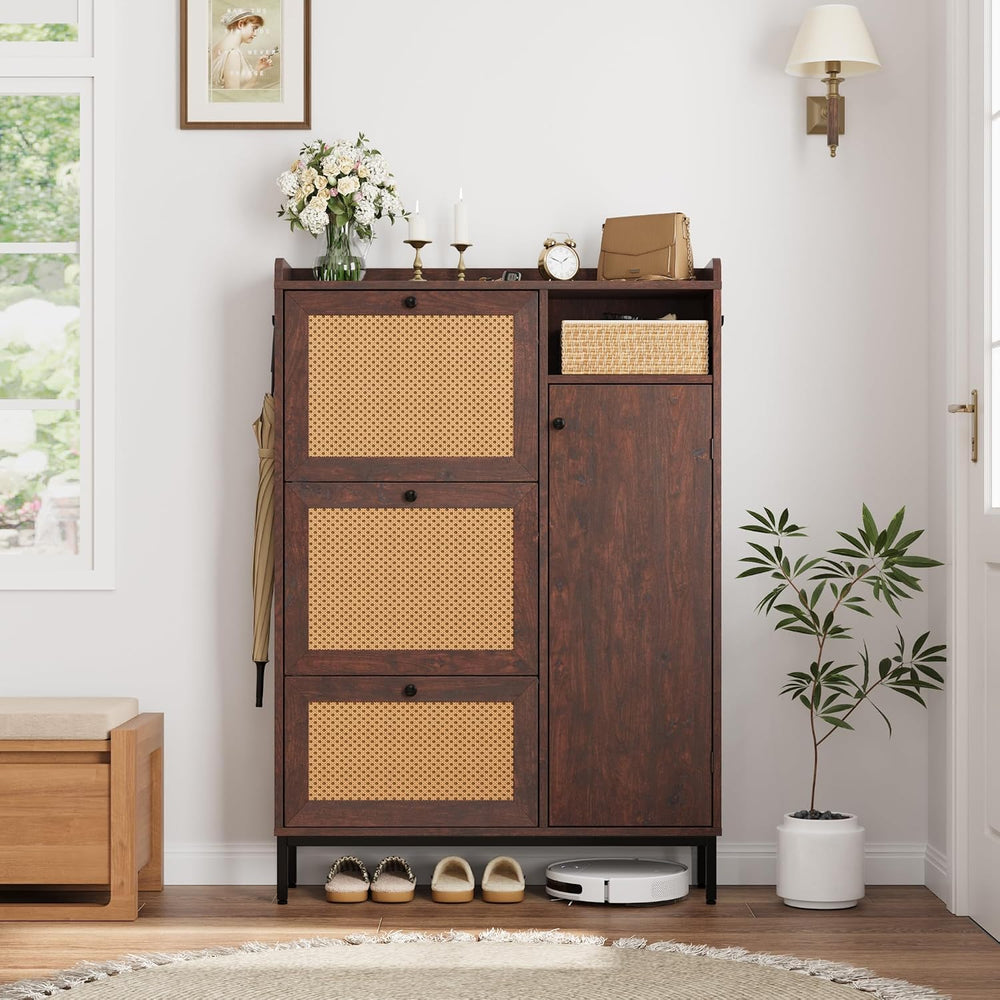 GarveeHome Shoe Cabinet Rattan with 3 Flip Drawers