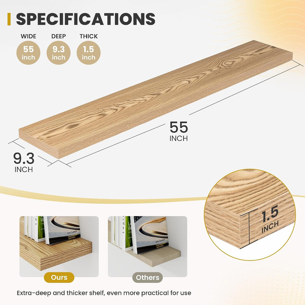 Acovy 55 Inch Floating Shelves, 9.3" Deep Floating Shelf Wall Mounted, 5...