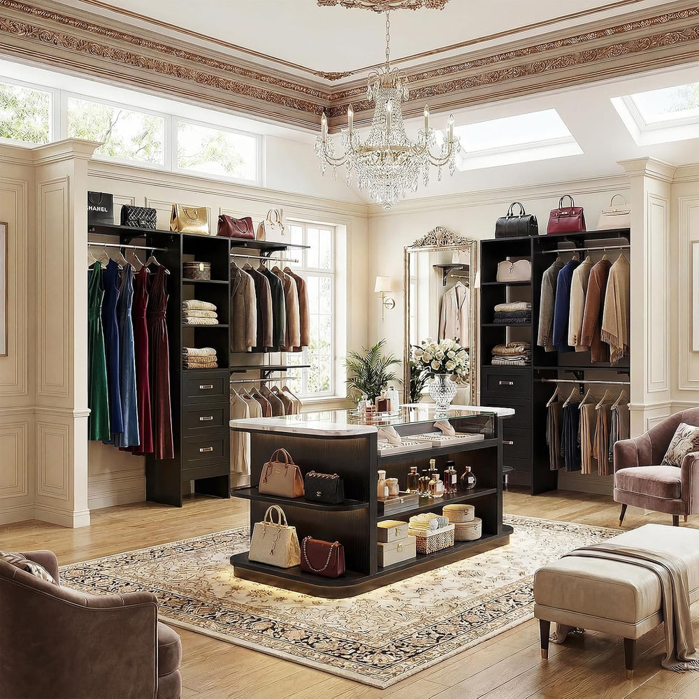 8FT Closet System with 3 Curved Drawers, 96'' Wooden Walk-in Closet O...