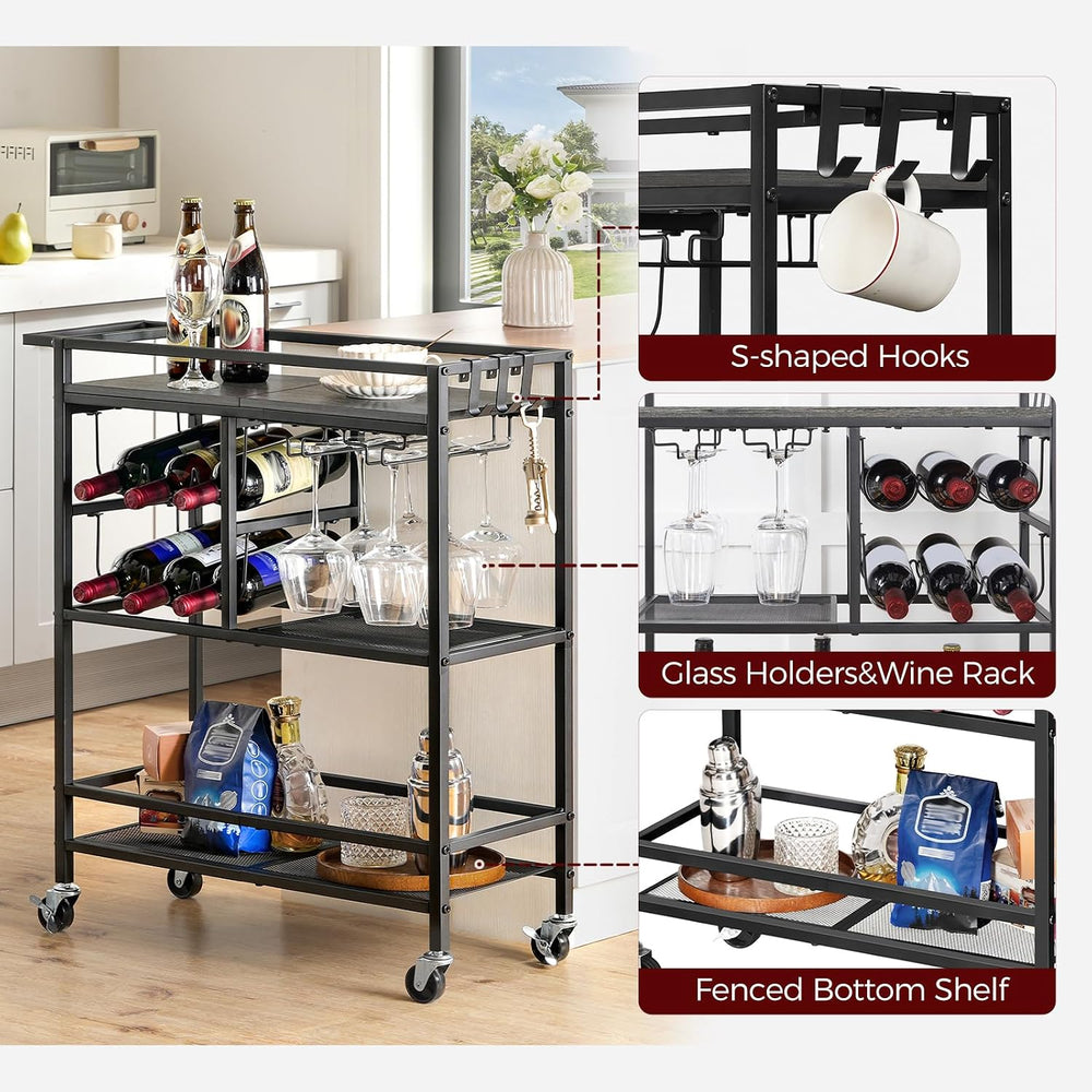 MAHANCRIS Bar Cart for Home, 3-Tier Serving Cart with Wheels and Handle, Beve...
