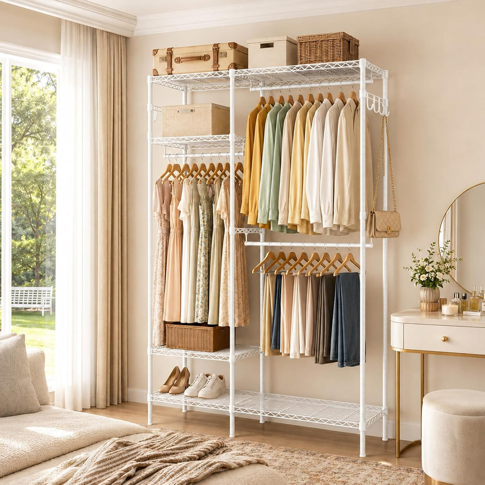 Clothes Rack with Adjustable Wire Shelves & Hanging Rods, White