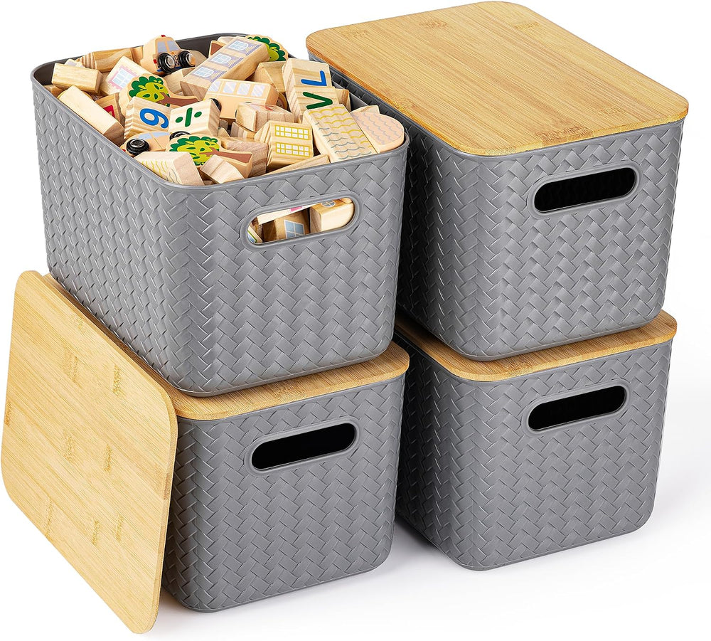 Ohmlove 4 Pack Storage Bins with Bamboo Lids,Stackable Box for Organization