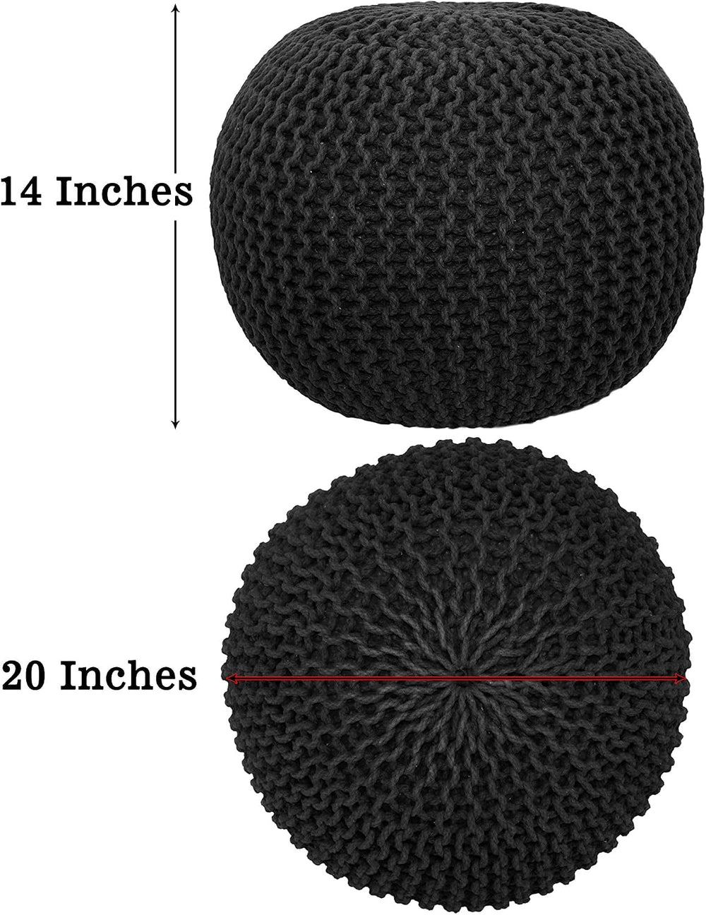 COTTON CRAFT Round Black Pouf -Hand Knitted Cotton Braid Cord Dori Ottoman