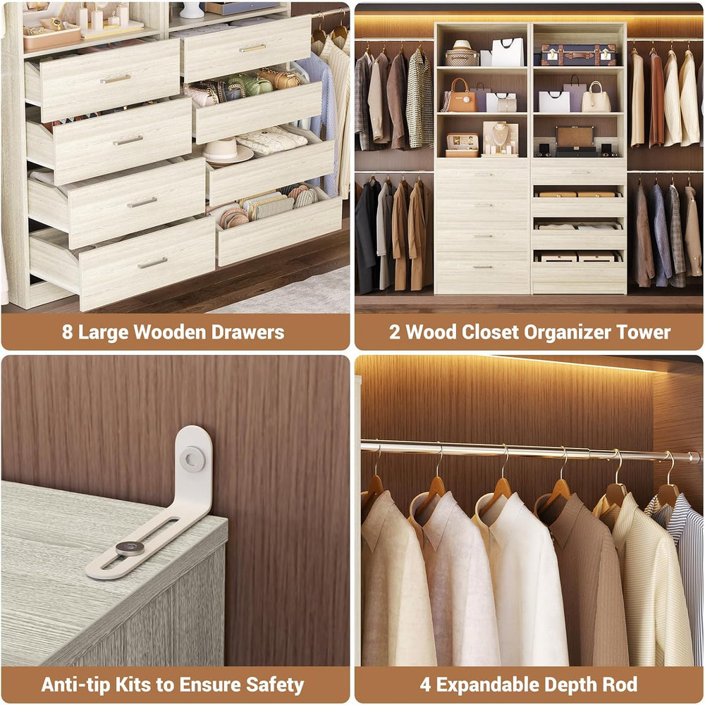 Aheaplus Closet System, 6-15Ft Custom Wood Closet Organizer with 8 Drawers