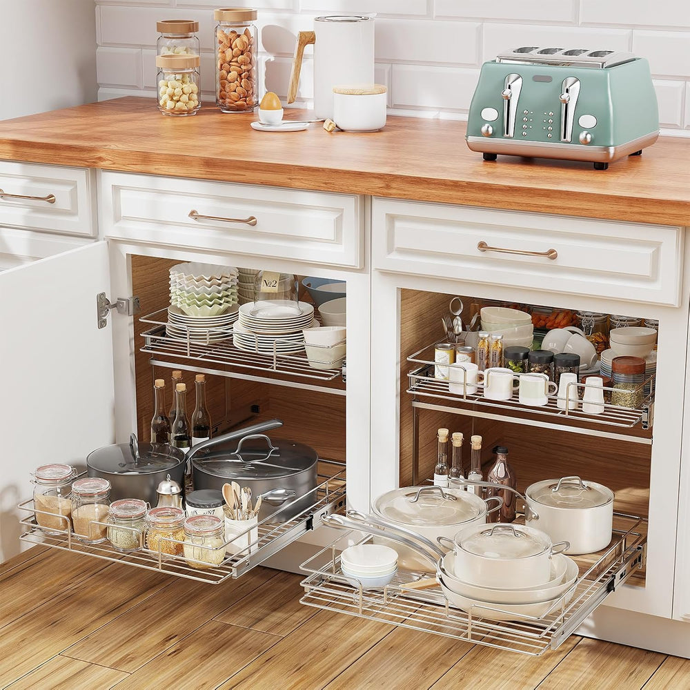 ROOMTEC Slide Out Cabinet Organizer for Kitchen, 2 Tier Pull Out Shelves Slid...