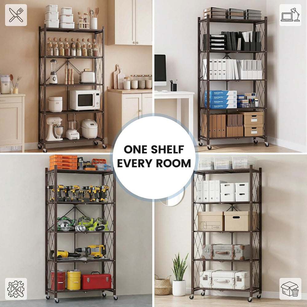 ALANNG 70.7" H Metal Storage Shelves, 5 Tier Folding Shelf on Wheels