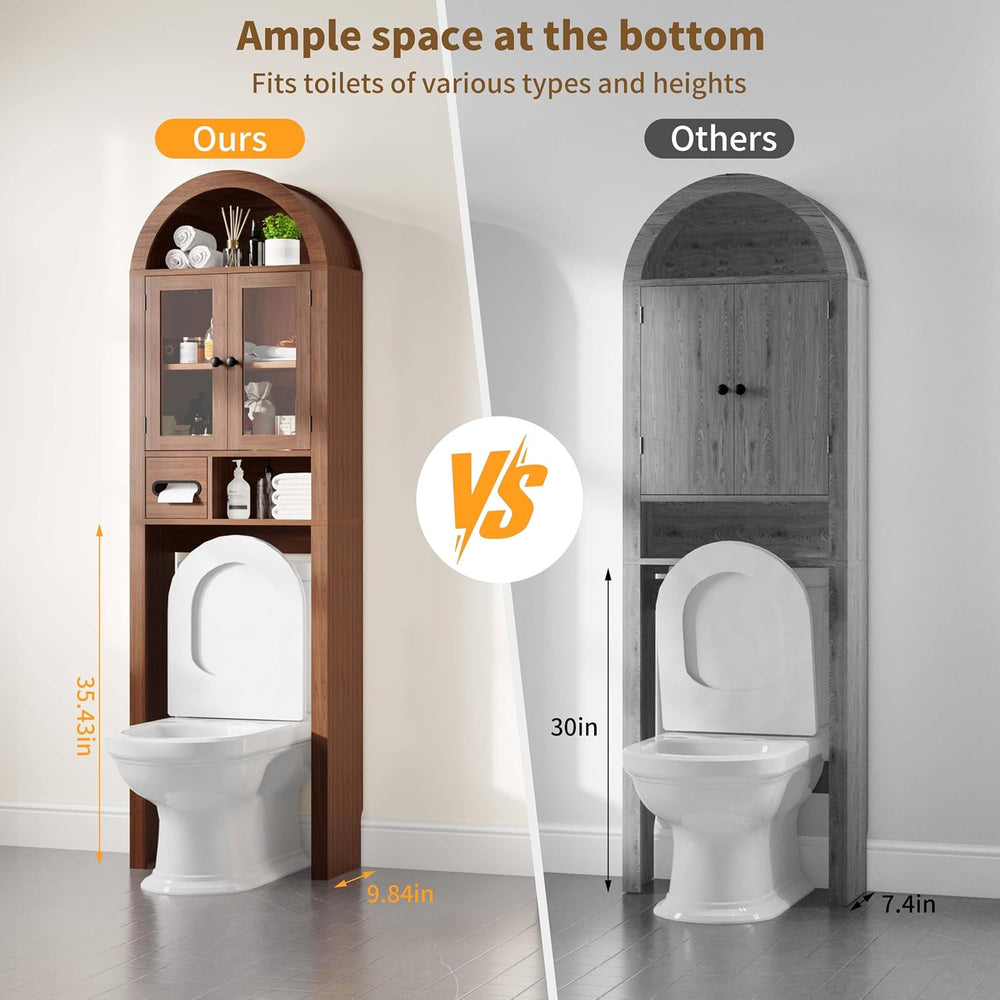 Arched Over the Toilet Storage Cabinet with Tempered Glass Doors, Walnut