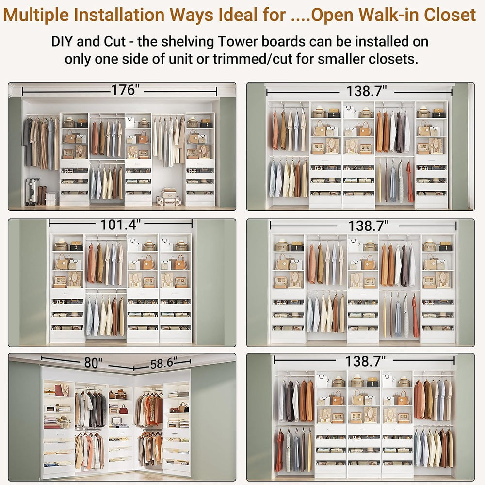 Aheaplus Closet System with 12 Drawers, 138.5" Custom Wood Closet Organizer