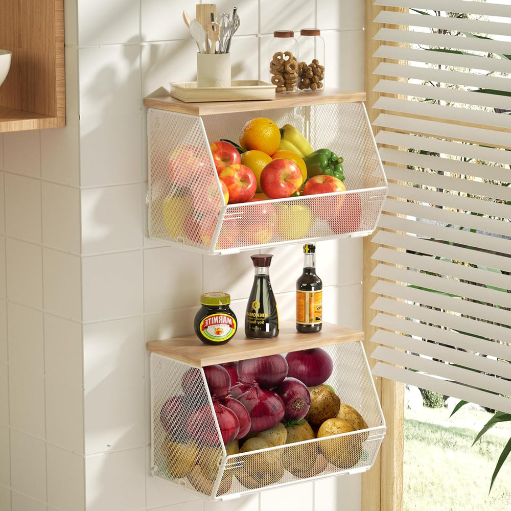 2 Tier Fruit Basket for Kitchen Counter, Stackable Onion and Potato Storage B...