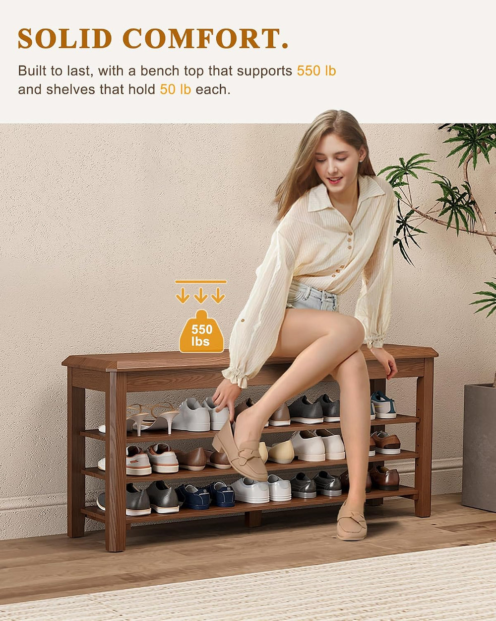 IUNVR Shoe Rack Bench Seat Rubberwood 3-Tier Wooden Storage Bench 550lbs Comp...