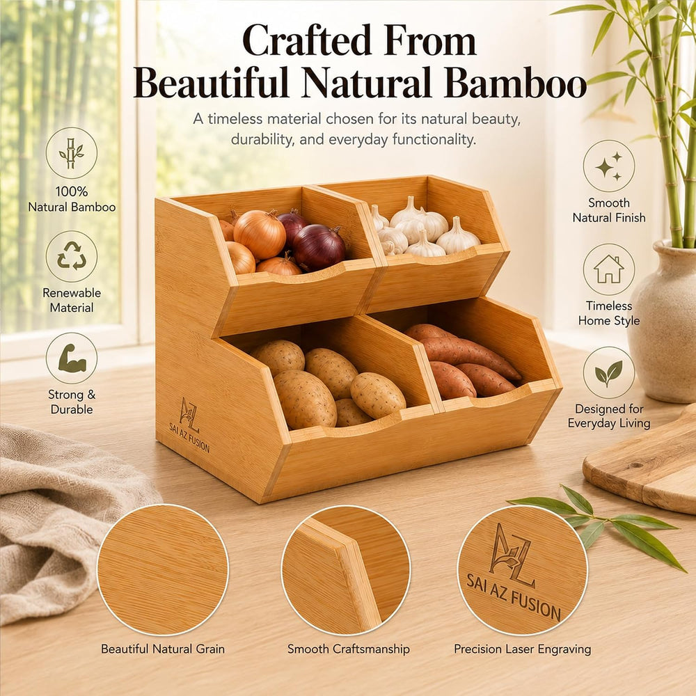 Bamboo Pantry Storage Bins - Set of 4 (2 Large, 2 Small) Stackable Potato and...