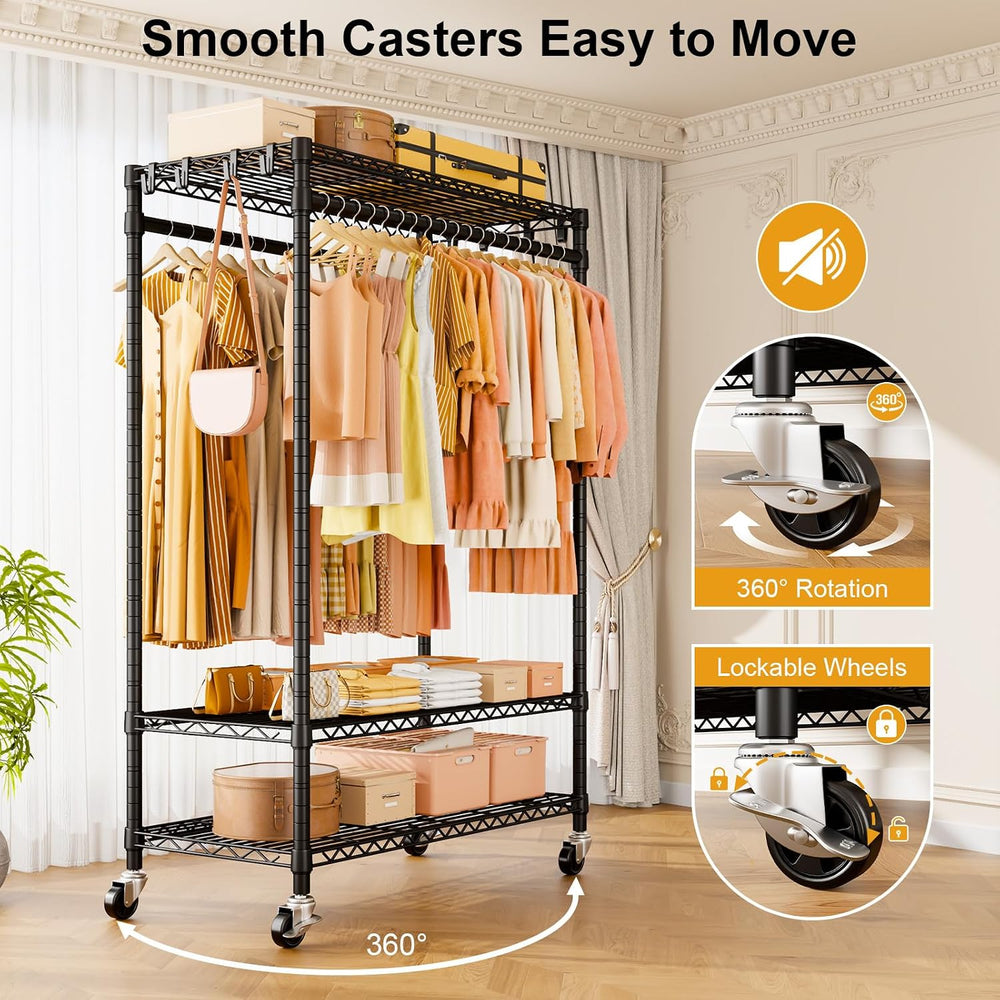 ULIFHOME Clothes Rack, Rolling Clothing Racks for Hanging Clothes, Black