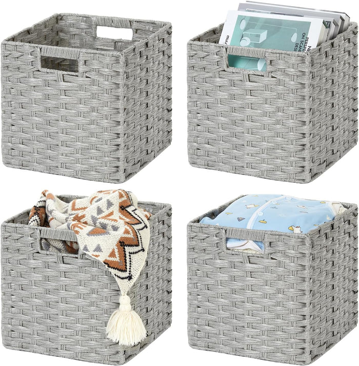 DULLEMELO Wicker Baskets With Liner Set of 4, 11x11x11 Inch Collapsible Storage Bins, Decorative Organizing Baskets, Light Grey