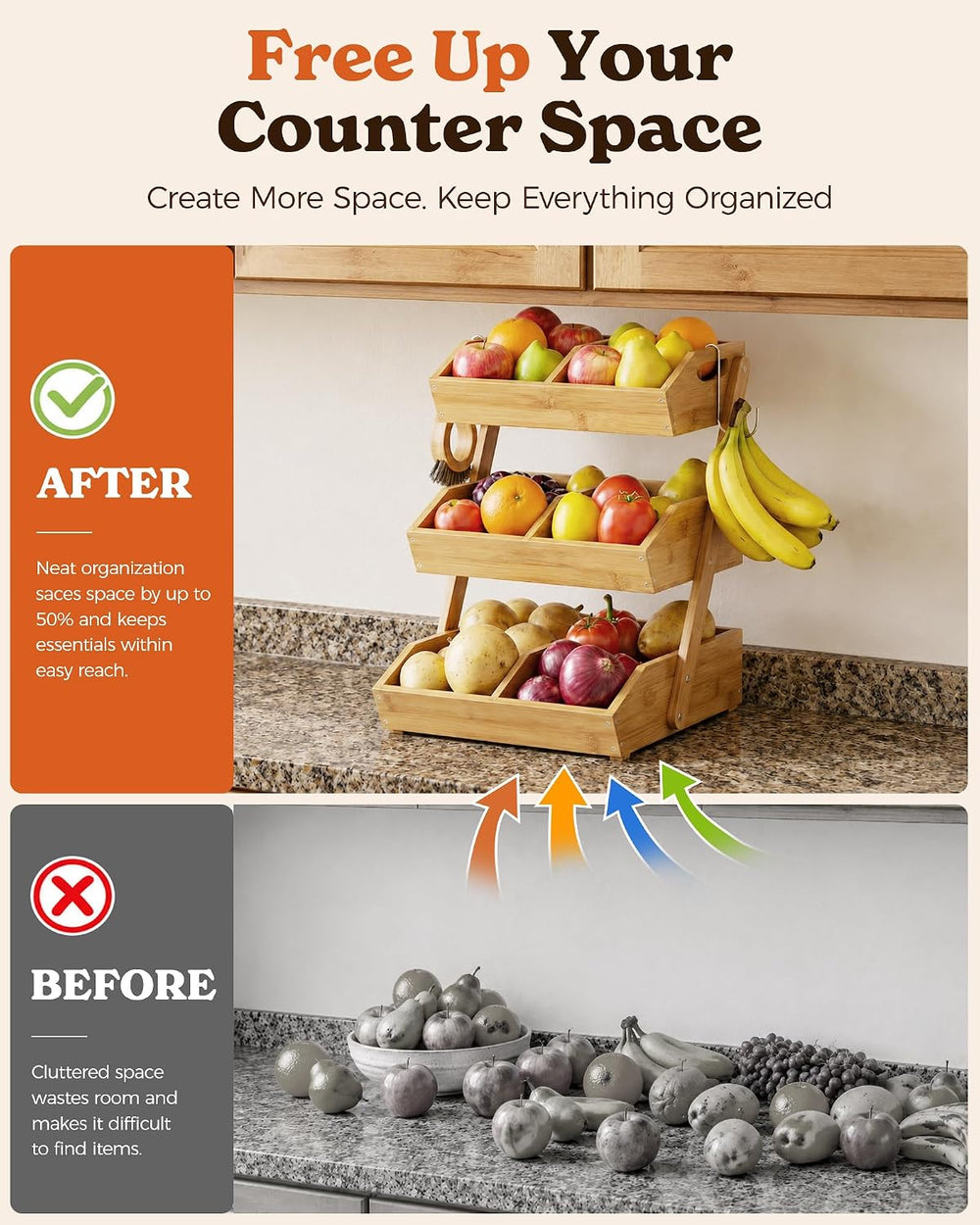 3-Tier Bamboo Fruit Basket with 2 Banana Holders