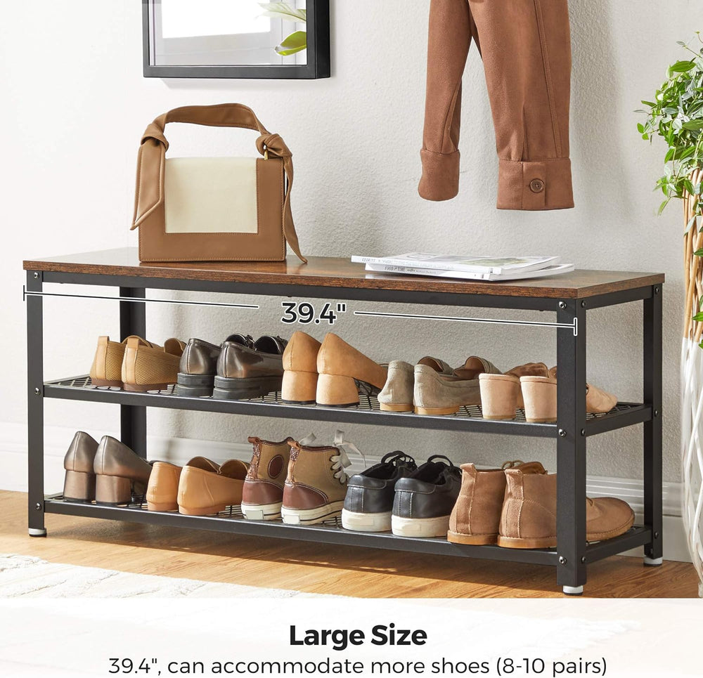 VASAGLE 3-Tier Shoe Rack, Storage Bench with Metal Mesh Shelves and Seat