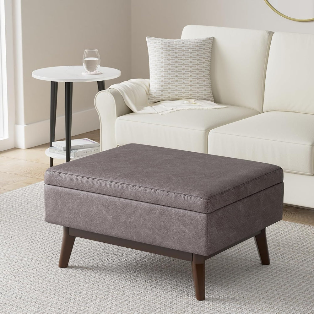 SIMPLIHOME Owen 34" Wide Vegan Leather Lift Top Ottoman in Grey Taupe