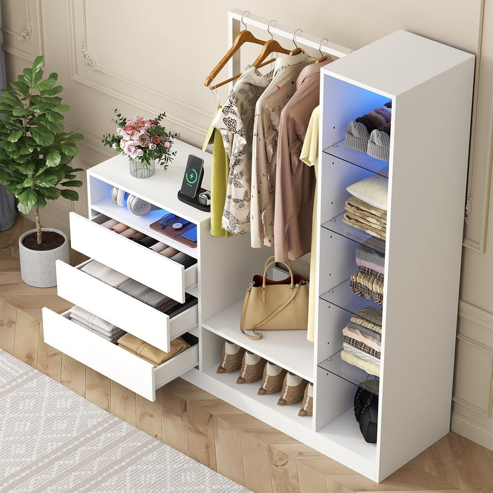 Dresser with Hanging Rack, 3 Drawers Dresser with Charging Station & LED