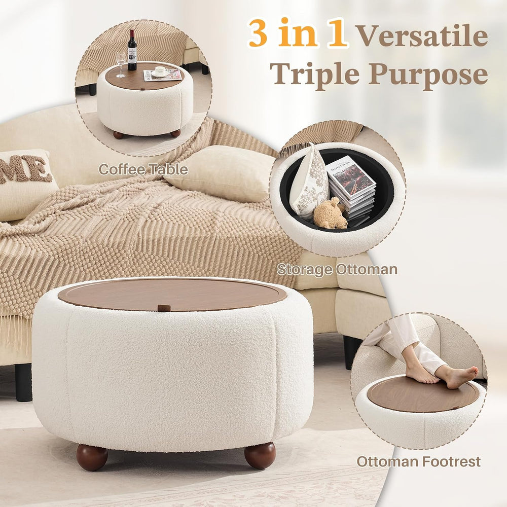 Round Storage Ottoman Coffee Table with Removable Top & Solid Wood Legs