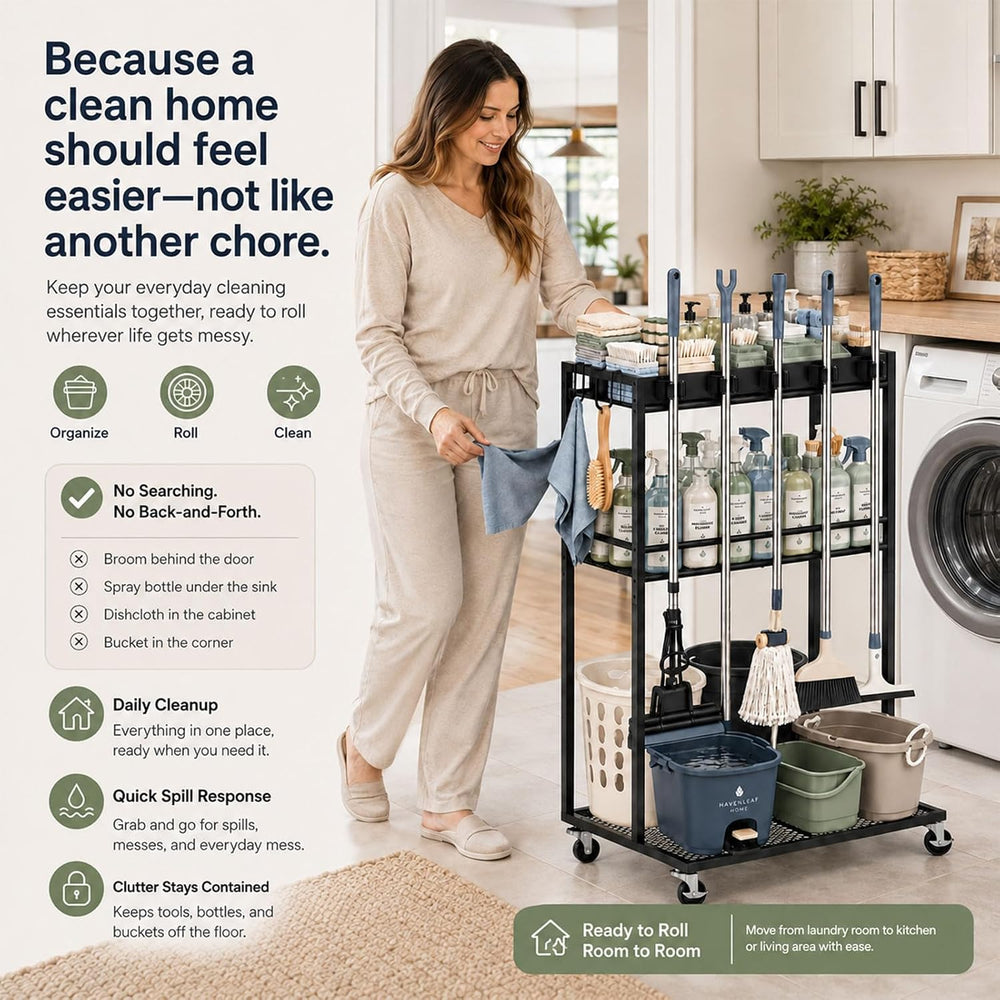 Rolling Cleaning Supply Cart, 3-Shelf Broom Mop Organizer, Locking Wheels