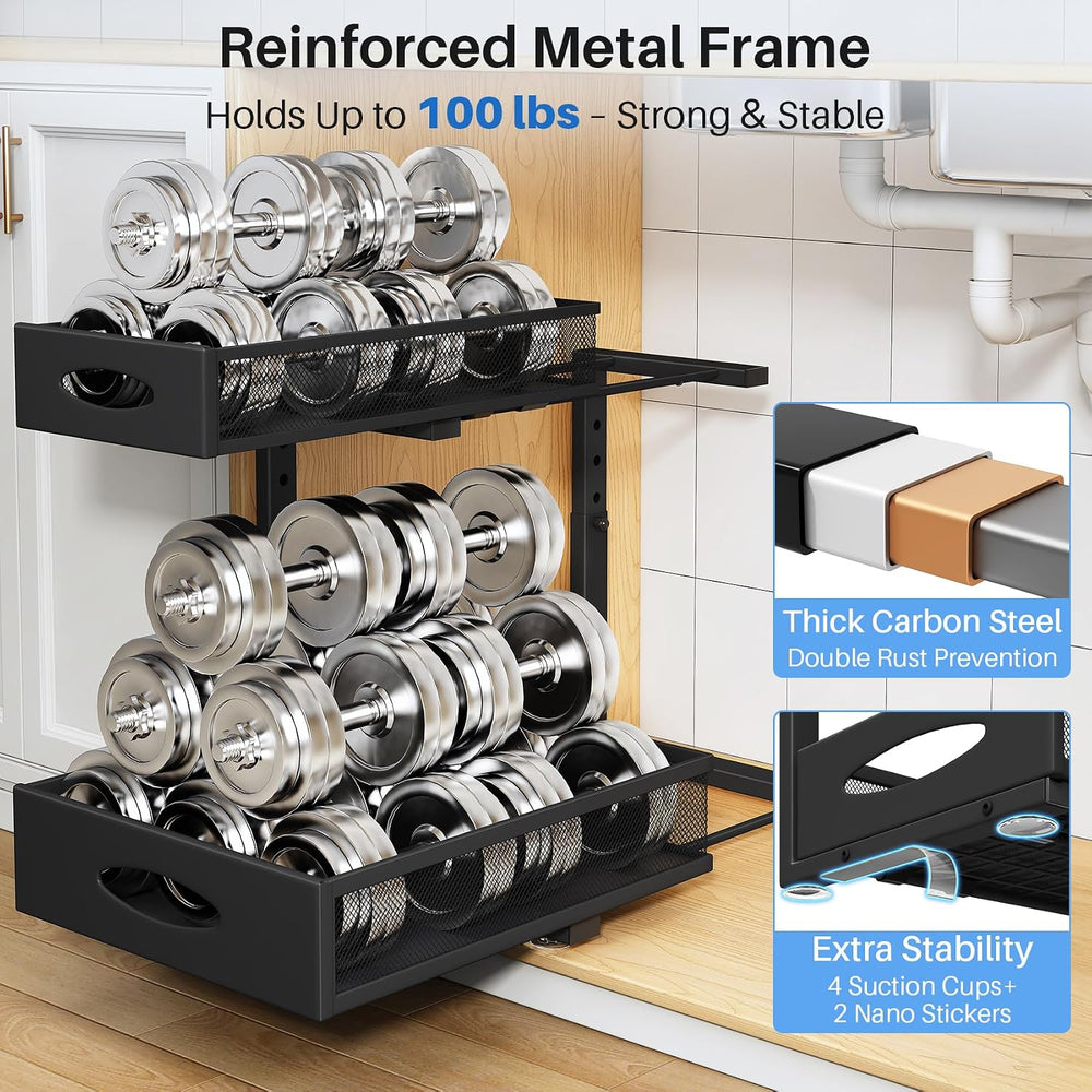Under Sink Organizer, 2 Pack 2 Tier Pull Out Under Cabinet Organizer Shelf wi...