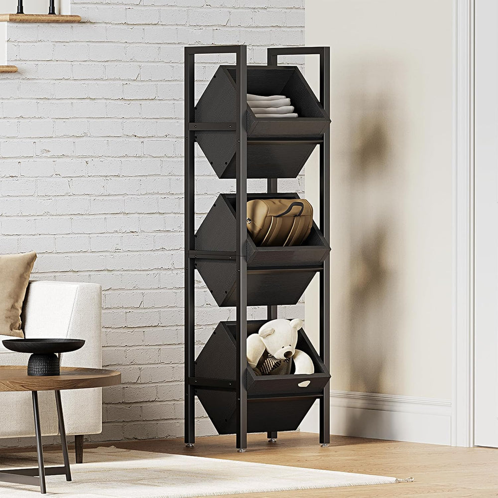 LITTLE TREE 3-Tier Basket Stand, Wooden Floor Stand Shelving Unit, Rustic Sta...