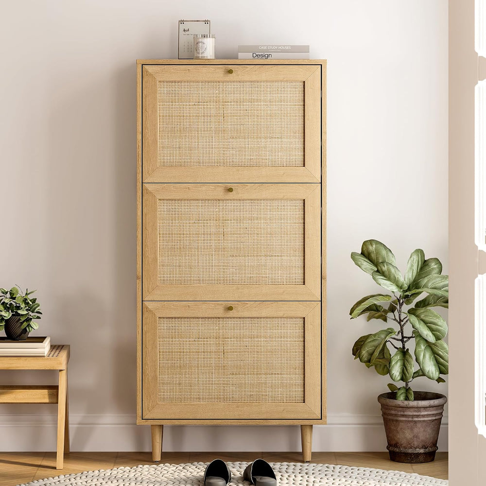 EYYTHUNG Rattan Shoe Cabinet Narrow Shoe Storage Cabinet with 3 Flip Drawers ...