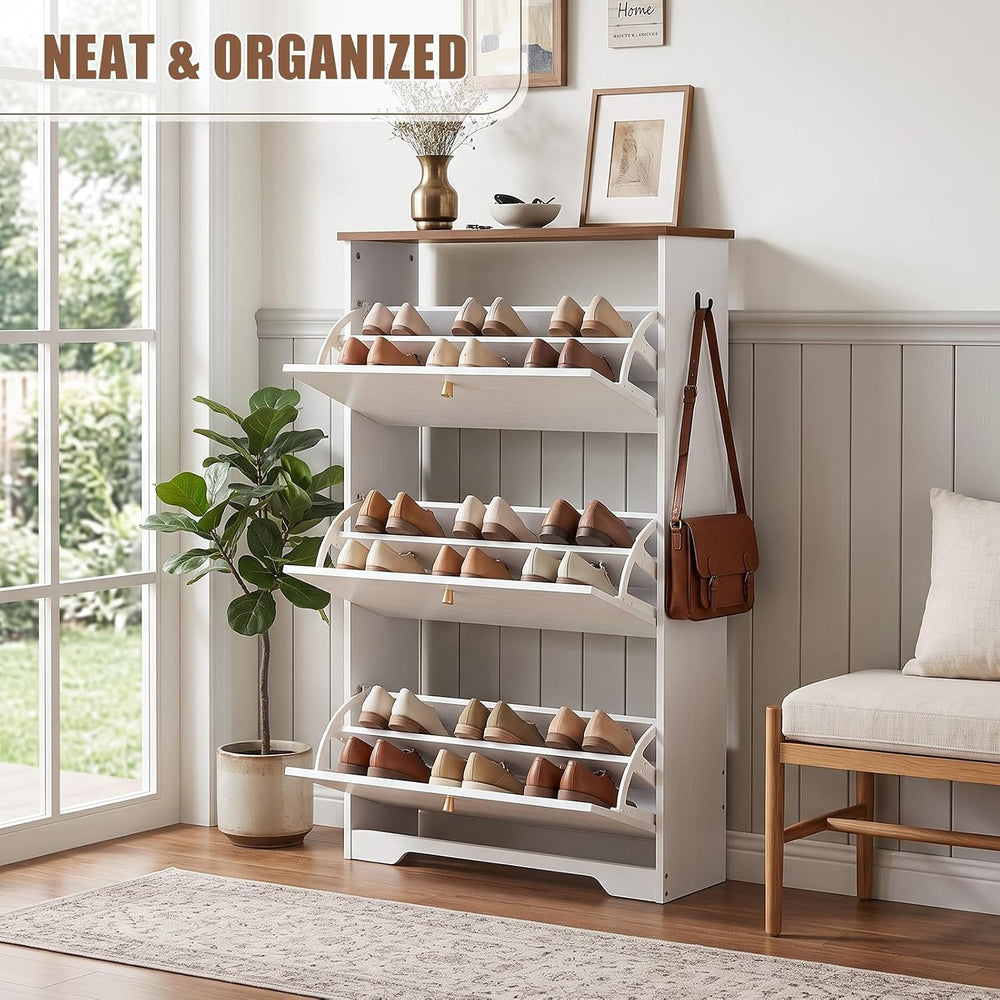 Nicetree Shoe Cabinet, 3 Flip Drawers Slim White Walnut Top Entry Storage